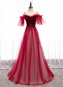 Picture of Off Shoulder Wine Red Color Velvet and Tulle Party Dresses, A-line Tulle Floor Length Formal Dresses